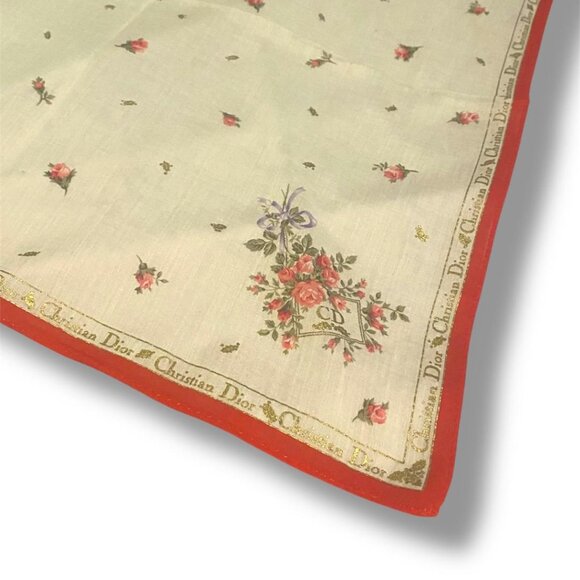 Vintage - CHRISTIAN DIOR Floral Handkerchief - 18x18 Inch RED WHITE - Picture 2 of 3